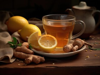 A glass of tea with lemon slices and ginger on a wooden table
