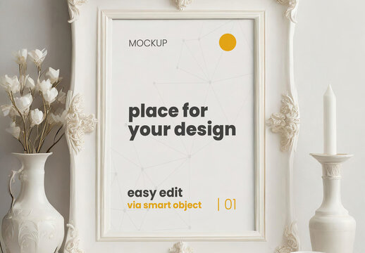 All white Elegant Baroque Poster Frame Mockup with Subtle Light Generative Ai