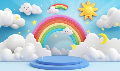 3D cartoon vector colorful rainbow podium background with clouds, sun and moon for product presentation in the style of product presentation. children's products presentation or mockup.
