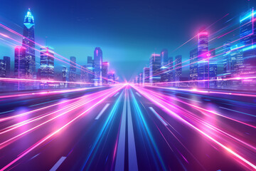 Fototapeta premium Abstract background with blurred light trails on city street road, speed effect. Concept of fast transport or technology network connection
