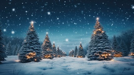 A snowy Christmas scene with a row of lit up trees. The trees are lit up with lights and the sky is dark