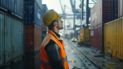 Efficient Engineer Inspecting Logistics Containers at Busy Dock