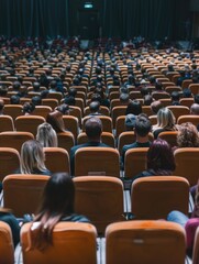 A large crowd of people are sitting in a theater. The audience is watching a movie. The theater is packed with people, and the seats are filled