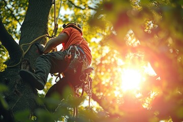 A man in an orange shirt is climbing a tree. The sun is shining brightly, casting a warm glow on the scene. The man is wearing a harness and he is focused on his task