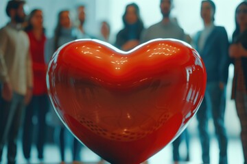 A heart is in the center of a group of people. The heart is red and shiny. The people are standing around it, looking at it. Scene is warm and friendly