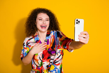 Photo portrait of pretty young girl selfie photo video call laugh wear trendy colorful print outfit...