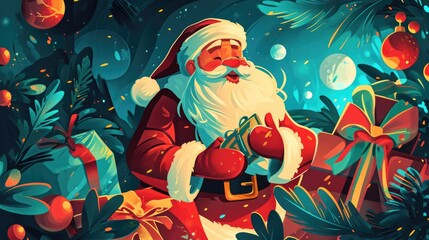 A cartoonish image of Santa Claus holding a gift box. The scene is set in a forest with trees and a Christmas tree. Scene is festive and joyful, as it captures the spirit of the holiday season