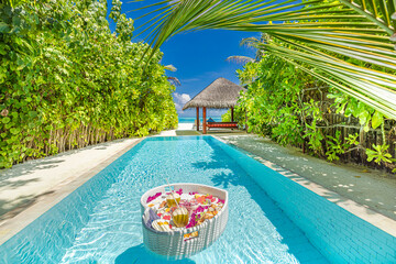Fresh breakfast swimming pool, floating breakfast luxurious tropical resort. Heart shape tray...