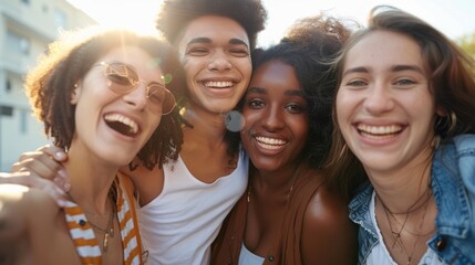 Fototapeta premium A group of young people are smiling and hugging each other. Scene is happy and friendly