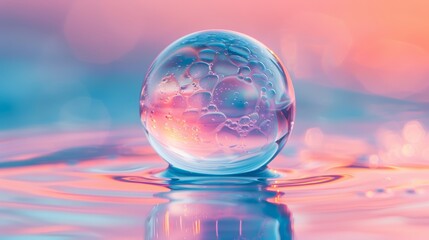A macro shot of a single bubble resting on a smooth surface, with intricate reflections and a gradient of colors visible on its surface.
