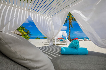 White beach tents canopies. Luxury couple tourism. Wonderful view of beach shore, luxury vacation...