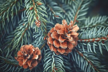 Two pine cones are on a tree branch. The pine cones are brown and appear to be drying out