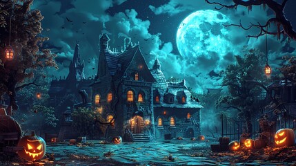 Obraz premium Halloween Background with Spooky Pumpkins, Haunted House, and Scary Trees in Cartoon Style