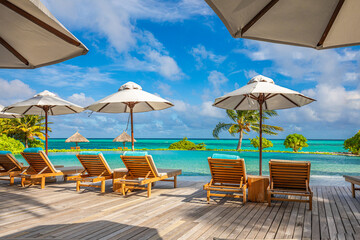 Stunning landscape, swimming pool blue sky with clouds. Tropical resort hotel in Maldives....