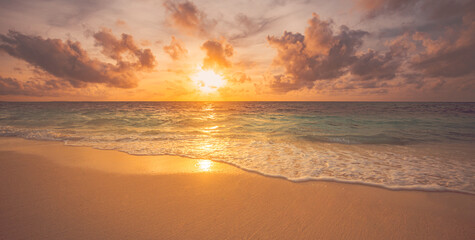 Peaceful closeup sea sand sky beach. Beautiful tranquil nature landscape. Inspire calm tropical...