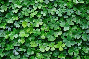 A lush green field of clovers with a green background. The image has a peaceful and calming mood, as the green color of the clovers