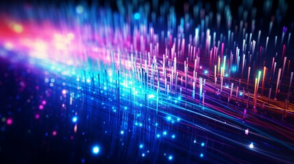 Abstract fiber optic cable network with futuristic 5g connection in data center, representing cutting-edge digital and web science technology.
