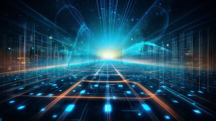 Abstract fiber optic cable network with futuristic 5g connection in data center, representing cutting-edge digital and web science technology.

