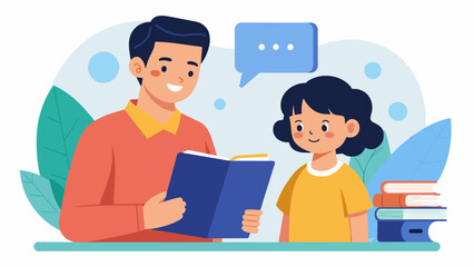 A parent looks on as their child confidently reads a passage in a foreign language thanking their online language tutor for their progress.. Vector illustration