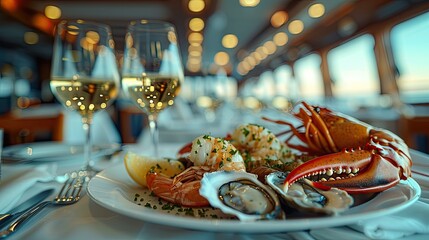 An opulent dining table set with a gourmet lobster dish, fine china, and crystal glassware, inviting a luxurious feast.