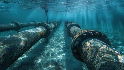 The clear water offers a wonderful view of the double pipelines extending into the bright ocean landscape. The concept of the gas pipeline.
