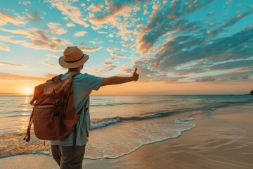 A man with a backpack is standing on the beach and giving a thumbs up. The beach is calm and peaceful, with the sun setting in the background. The man seems to be enjoying his time at the beach