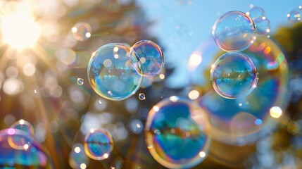 Naklejka premium Shiny, iridescent soap bubbles floating in the air, reflecting rainbow colors under the sunlight, against a clear blue sky.