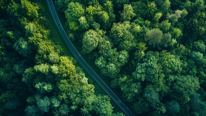 Aerial view of an asphalt road through the green forest in summer time with high resolution photography and professional color grading