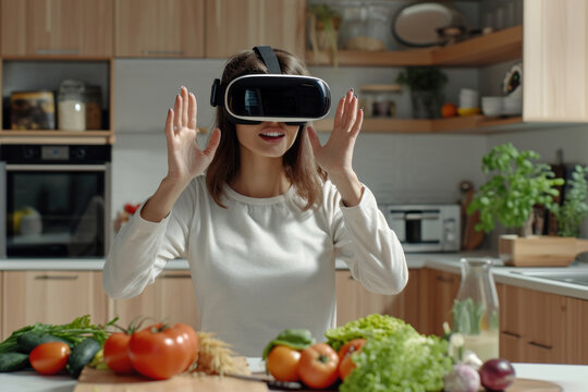 A woman wearing a virtual reality headset is standing in a kitchen. The kitchen is filled with various items such as a toaster, a microwave, a sink, and a vase