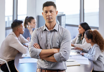 Portrait, serious and businessman with arms crossed for meeting in modern office with planning,...