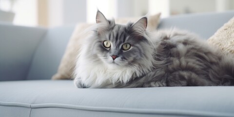A cat is laying on a couch with a pillow behind it. The cat is looking at the camera with a curious expression - Powered by Adobe