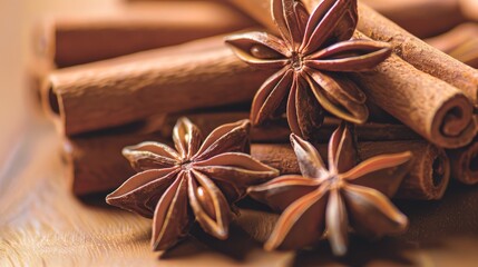 Close-up photo of star anise and cinnamon sticks, showcasing their rich textures and warm colors.