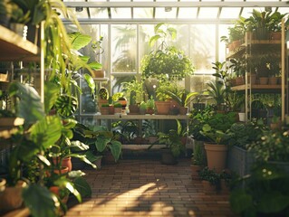 A greenhouse filled with plants and potted plants. The plants are arranged in various pots and hanging baskets, and the atmosphere is bright and lively