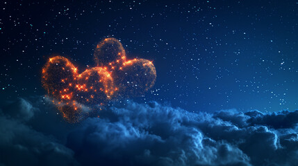 Obraz premium Two hearts in the night sky. Valentine day. Postcard for congratulations, Valentine's Day, Mother's Day and Birthday. Holiday, Love, Wedding. Copy space