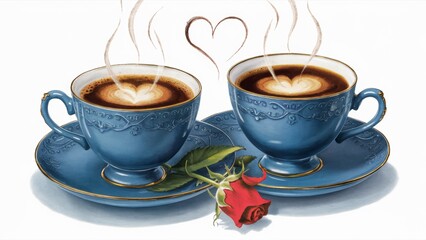 Fototapeta premium The poster. A charming illustration showing two exquisite blue cups and saucers filled with warm, steaming coffee.