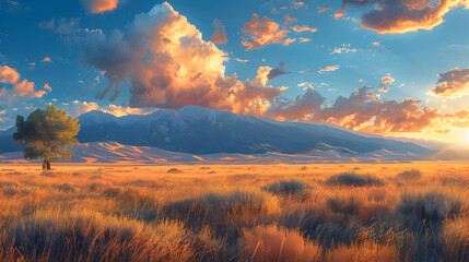 Vast Sand Dunes Stretching Under a Blue Sky at Great Sand Dunes National Park, Colorado