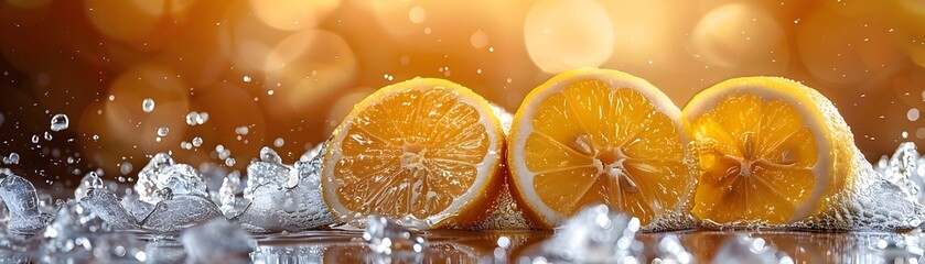 Summer Refreshment: Vibrant Lemon Slices Over Ice in Warm Light