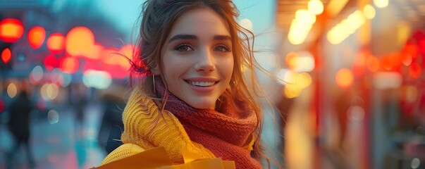 Gleeful Woman Strides through Vibrant Shopping District at Dusk