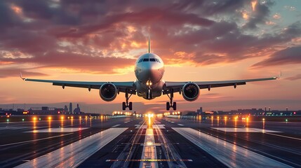 An Airplane Taking Off from the Runway at Sunset, Symbolizing Travel and Business Travel in an Air Transport Background