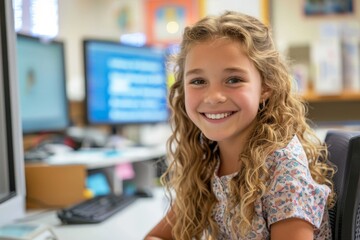 Smiling Young Girl in Computer Classroom