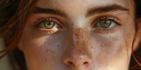 Fototapeta premium A woman with green eyes and green lashes. Her nose is slightly crooked