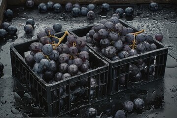 Two baskets of grapes are sitting on a table. The grapes are wet and shiny, and they are in a black container