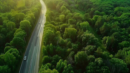 Aerial view of asphalt road through the green forest in summer time. Beautiful natural background with long trees and highway in an aerial perspective
