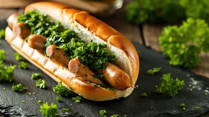 A hot dog with a bun and a bunch of parsley on top - Powered by Adobe