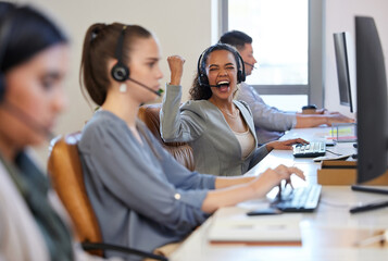 Excited, success and woman in call center to celebrate winning or goal achievement on computer....