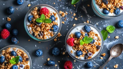 A close up of four bowls of cereal with blueberries and raspberries. The bowls are filled with...