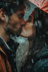 A man and woman are kissing under an umbrella in the rain. Scene is romantic and intimate