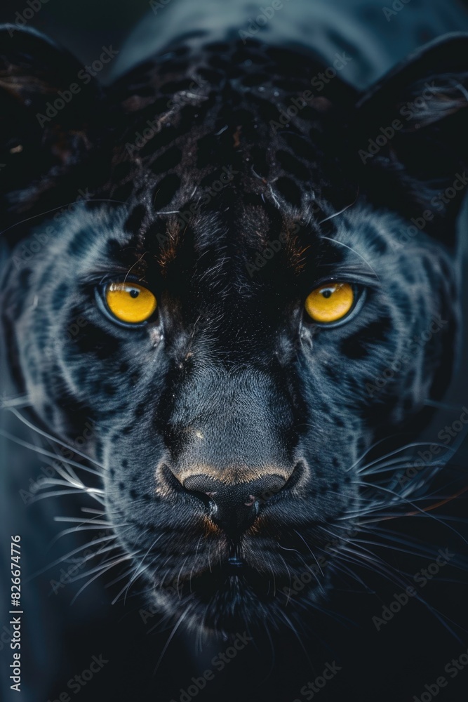 Wall mural A close up of a black panther with yellow eyes. Concept of power and strength, as the panther's gaze is intense and focused