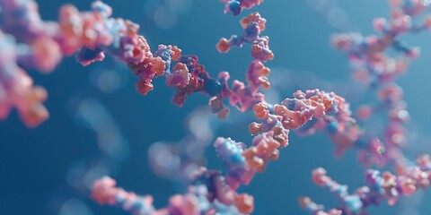 A colorful strand of DNA is shown in a blue background. The strand is made up of many small pink and purple beads, which are arranged in a spiral pattern. Concept of complexity and beauty