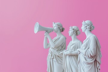 Three marble statues communicating with megaphone against pink background